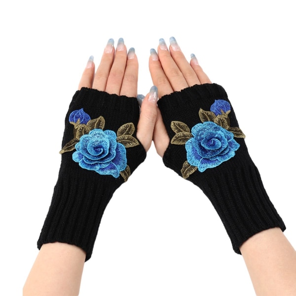 Vinter Fingerless Hansker Halv Finger Hanske Svart + Blå Blomst KLB