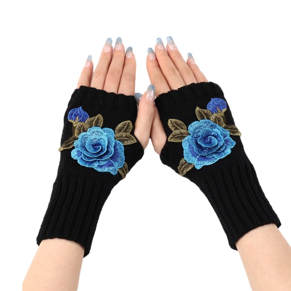 Vinter Fingerløse hansker Half Finger Glove Black + Blue Flower KLB