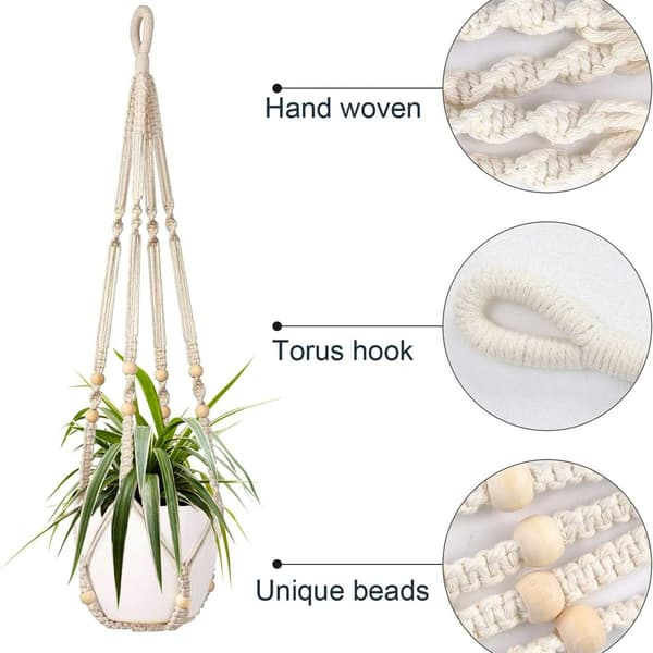 Set med 2 macramé hängande korgar, bomullstros hängande korgar, blomkruka växter