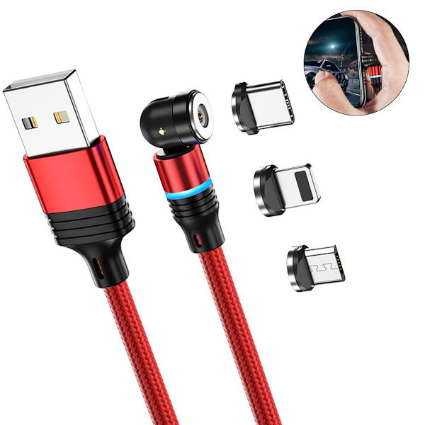 3-pack magnetiska USB-laddningskablar - robusta, flätade nylon, röda