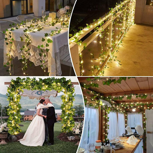 Kunstig grønne blade Ivy Vine med 100 LED-lys, 10m forårs plantedekoration til væg bryllupsfest havefestival KLB