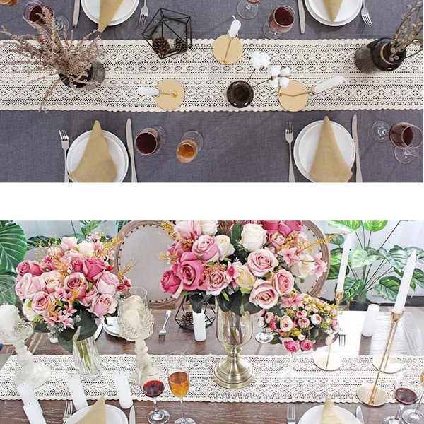 Beige macrame bordløber rektangulær hæklet blonde elegant hul mesh KLB