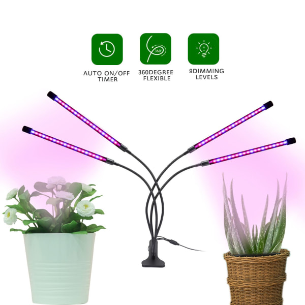 Plantelampe,Ny 4-hoveder Grow Lamp,AUTO Timing-ON/OFF Havebrugs-LED-lampe til frøplanter,sukkulenter,orkideer