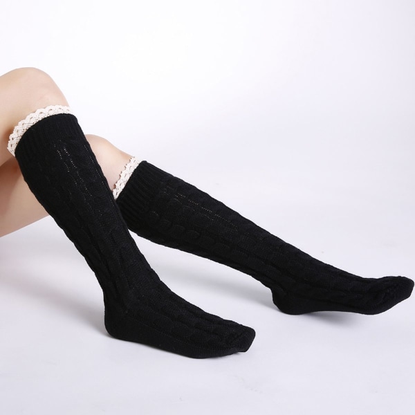 Lårhøje sokker til kvinder Kabelstrik over knæet Støvler Sort KLB