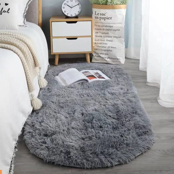 Grå lodden teppe for soverom, fluffy, oval, barnerom