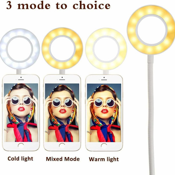 Led selfie lys med mobilholder, 3 lystilstande og 10 lysstyrkeniveauer LED KLB