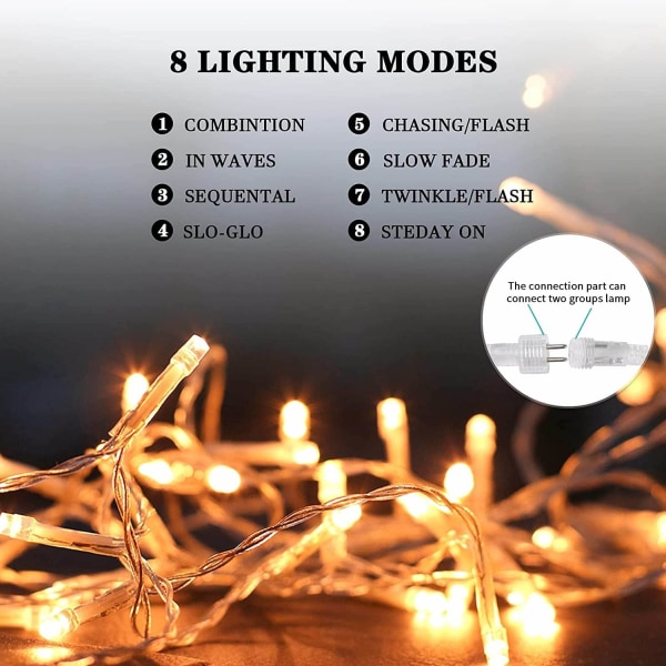 Uping Lyskæde 12m 100 LED med EU-stik 8 Driftstilstande Halloween/Jul/Have/Ceremoni Dekoration (Varm Hvid)