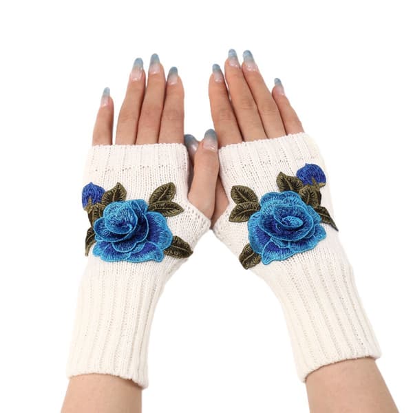Vinterfingerlösa Vantar Halvfinger Vante Vit + Blå Blomma KLB