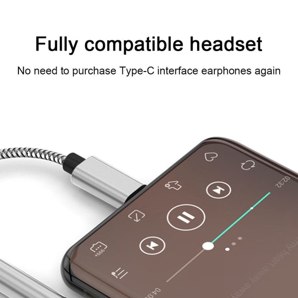 USB C til 3,5 mm lydadapter Flettet Type C hann til hodetelefon svart