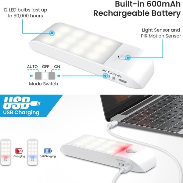 LED-nattelys, genopladelig nattelys, nattesensor KLB