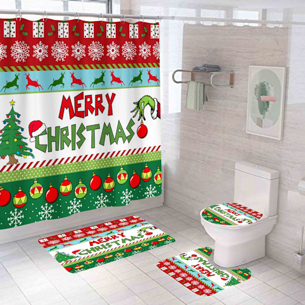 Stole Christmas Duschdraperi Set med 4 72x72 Tum Grinch 3 med halkfri matta, toalettlock och badmatta, vinterjul badrumsdekor