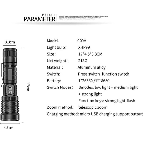 Superljus 10 000 lumen XHP99 LED vattentät zoombar USB-ficklampa