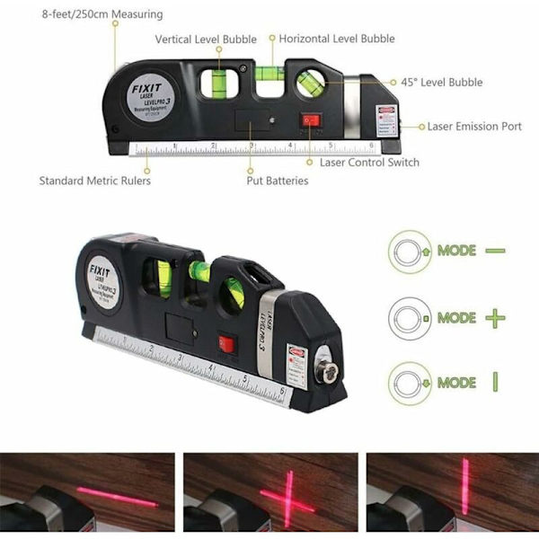 Laserbandmått - BESTGIFT Multifunktionell lasermätare Linjelaser Mätlinje Justerad Standard och metrisk linjal KLB