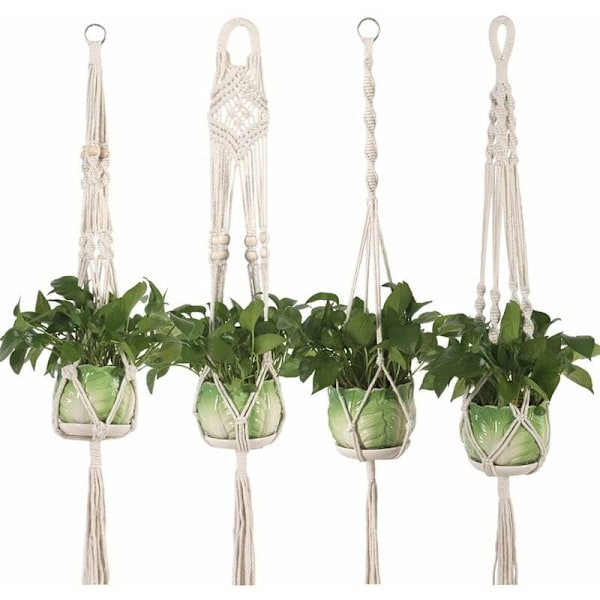 Macrame Hängande Korgar Set om 4 Bomullsrep Väggdekor Blomkruka Hängande Korg med Pärlor Boho Inomhus Utomhus Balkong Hängande Korg KLB