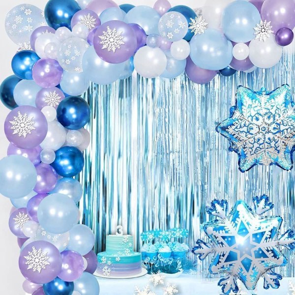 Frosne ballonguirlandebuesæt,frossen ballonpige fødselsdagsdekoration,lilla,blå,hvide balloner til fødselsdag bryllup baggrund p-