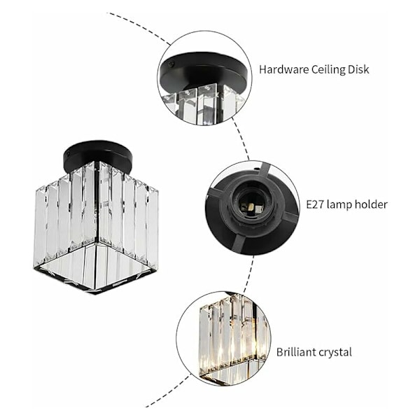 Mini krystall taklampe, moderne krystall lysekrone, LED taklampe for korridor, inngang, restaurant, bar, E27 (svart) KLB