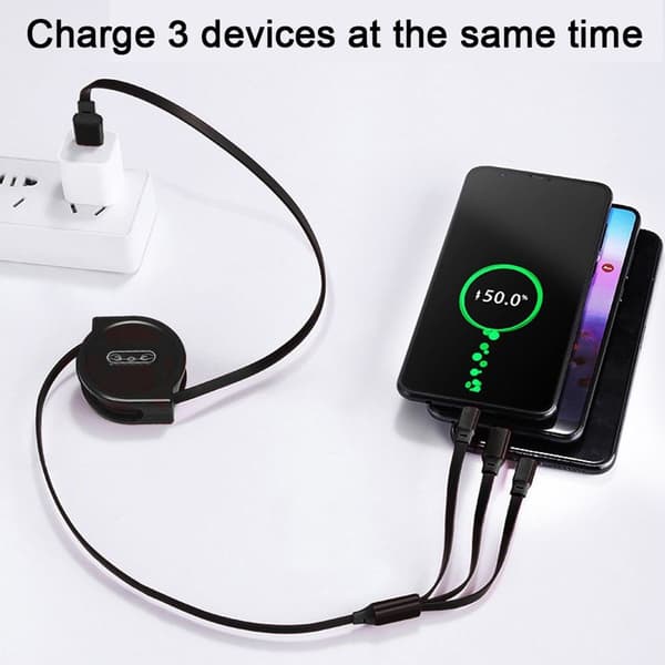 3 i 1 Teleskopisk ladekabel for Apple Android Svart