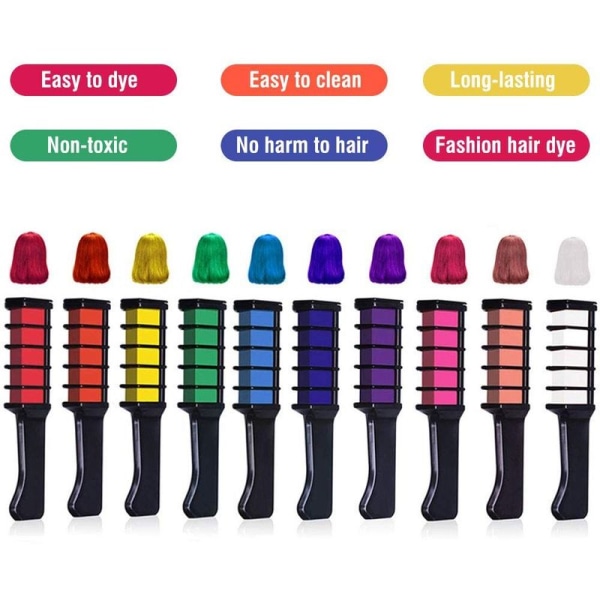 Hair Chalk Comb 10 farger, Hårfarge Chalk Comb, Barnehårfarge,