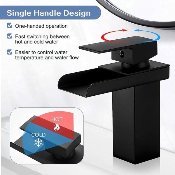 Mat Sort Vandfald Badeværelsesarmatur, Messing Enkeltgrebs Håndvaskarmatur med Ka