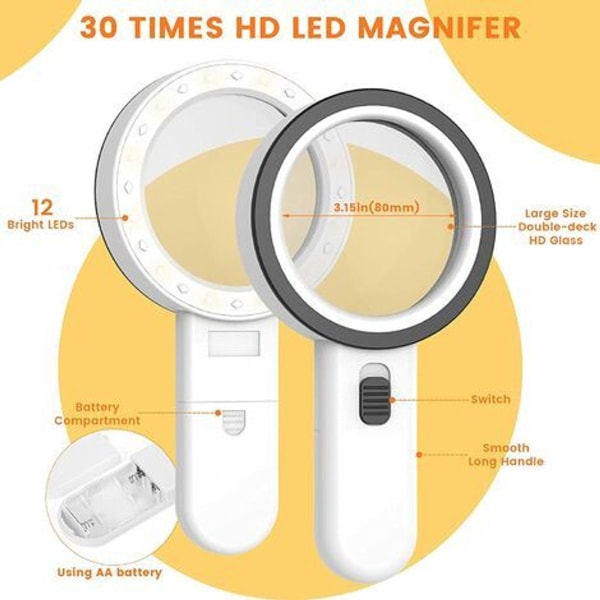 Opplyst leselupe, 30x forstørrelsesglass med 12 LED-lys, håndholdt forstørrelsesglass, opplyst forstørrelsesglass for