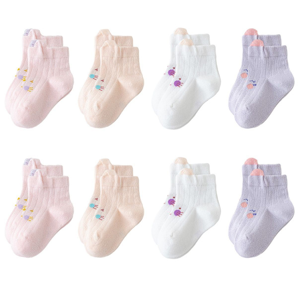 Kahdeksan paria vauvan sukkia violetti, oranssi, valkoinen, vaaleanpunainen 6-8cm KLB