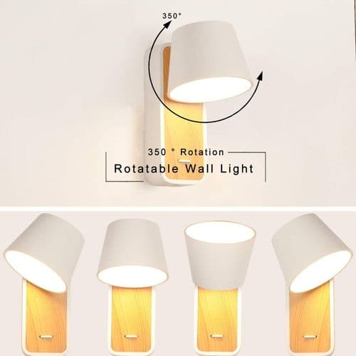 Vit LED-vägglampa med träbas, 6W varmvit 2700K