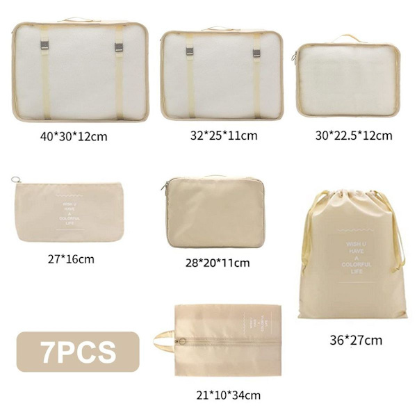 290T dobbeltsidet twill stof, 7 sæt opbevaringsposer, rejse beige