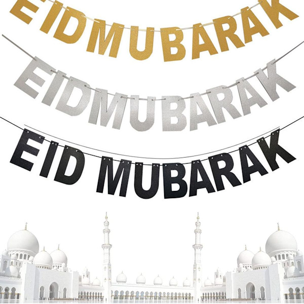 4 stk. Eid Mubarak banner sæt, guld glitrende Eid banner og månestjerner KLB