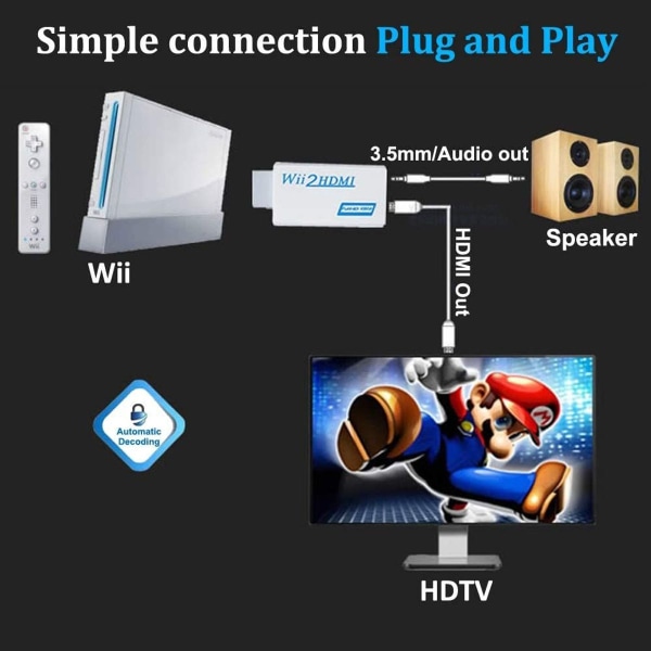 Wii til HDMI Adapter Wii til HDMI Converter Full HD 1080P Video Converter Adapter med Au