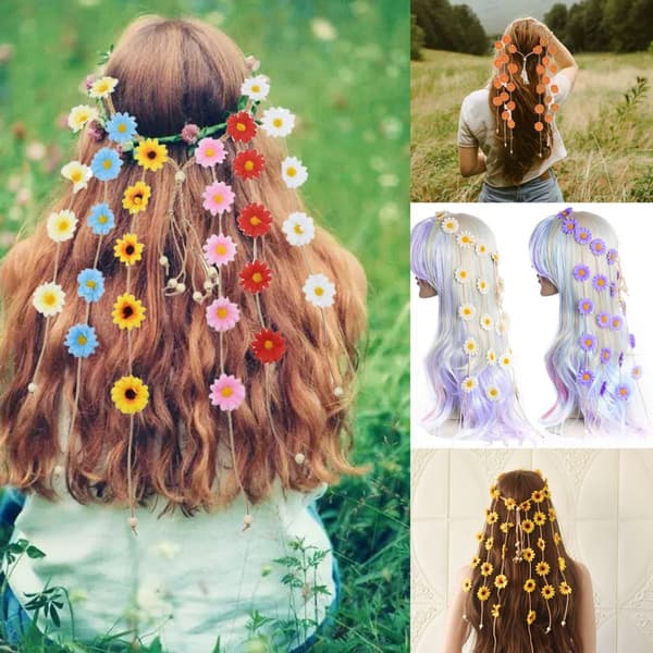 Blomsterkrone Hodebånd Hippie Hodeplagg for Kvinner Justerbar Blomst Hvit