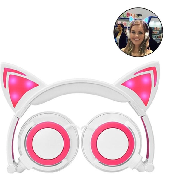 Cat Ear-hörlurar med LED-lysande blinkande, vikbara vita och rosa