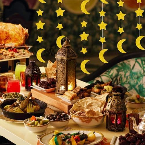 Sett med gullstjerne-månefestdekorasjonssett Hengende halvmåne og