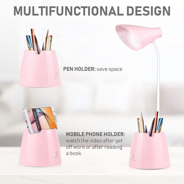 Dimbar LED-skrivbordslampa - 24 LED-lampor för ögonskydd 3 ljusstyrkor - USB-laddningsbar - touch-brytare - läsning, studier - rosa