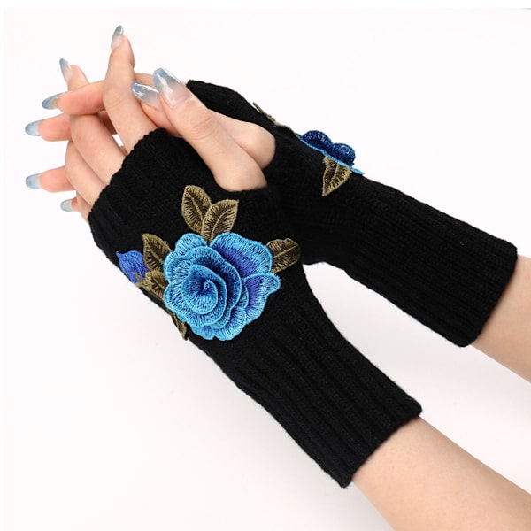 Vinter Fingerless Handsker Halv Finger Handske Sort + Blå Blomst KLB