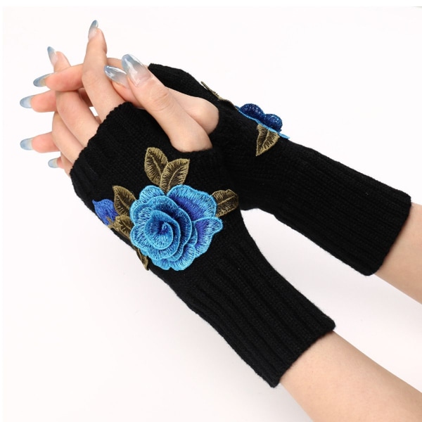 Vinter Fingerløse hansker Half Finger Glove Black + Blue Flower KLB