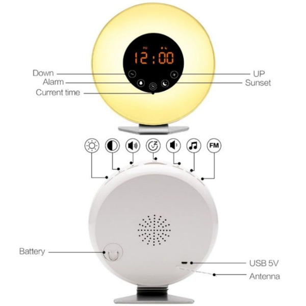 Analog solopgang solnedgang søvn lys vækkeur med FM-radio (australsk