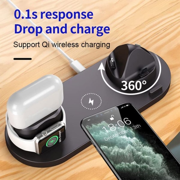 Trådløs oplader, 6 i 1 induktiv opladningsstation med 10W sort