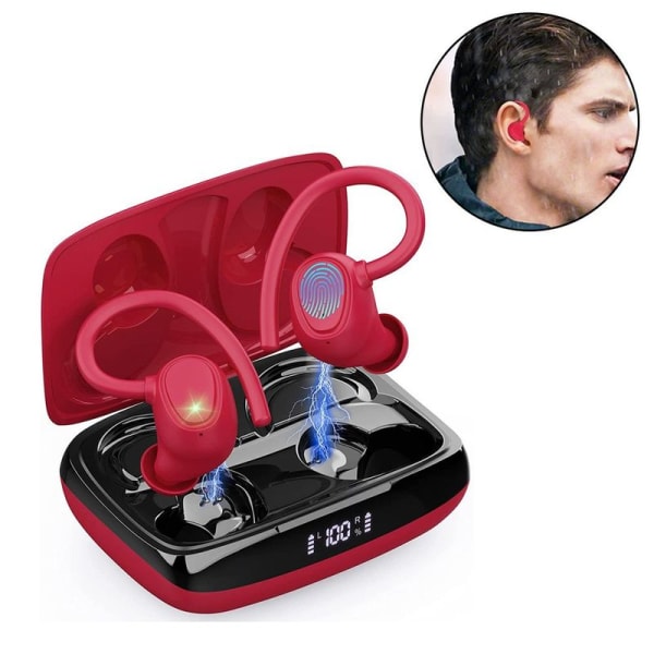 Bluetooth 5.1 hovedtelefoner sport, hovedtelefoner trådløse i øret røde