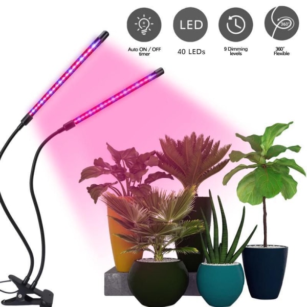 Plantelampe,Ny 2-hoder Grow Lamp,AUTO Timing-ON/OFF Horticultural LED-lampe for frøplanter,sukkulenter,orkideer