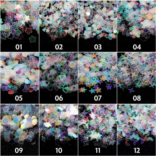 12 farger hologram neglepaljetter Ultratynne fargerike glitterklistremerker med havfrue KLB