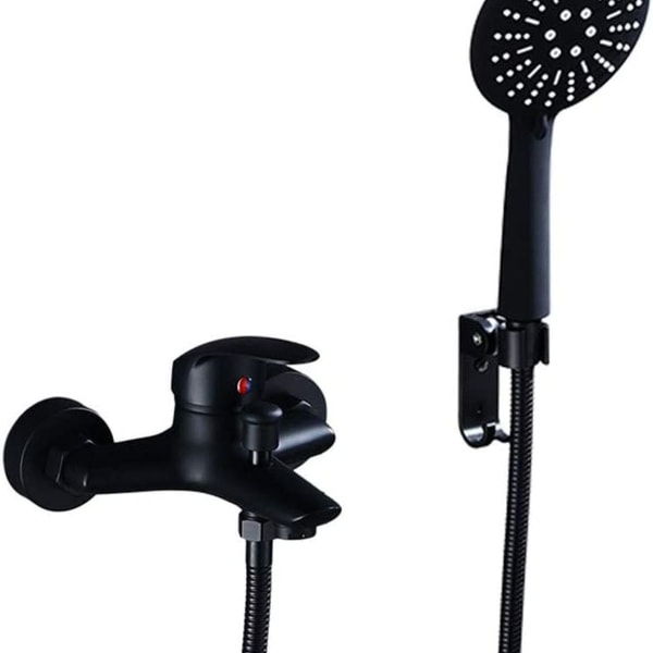 Badekarhane, sort brusehanearmatur med håndbruser, synlig brusearmatur