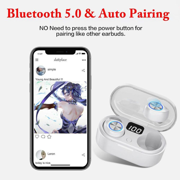 Bluetooth-hörlurar, trådlösa hörlurar i örat med vitt