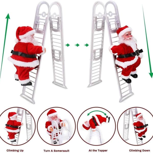 Elektrisk tomte klättrar stege och sjunger Jingle Bells KLB