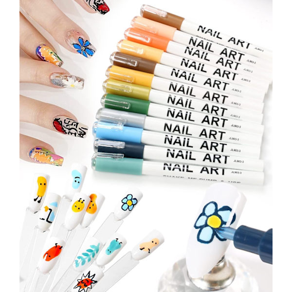 Nagelkonst 3D-penna polering ritning nagel prick graffiti prickpenna blomma penna kroklinje DIY nagelkonst skönhetsmanikyrverktyg (12 färger-