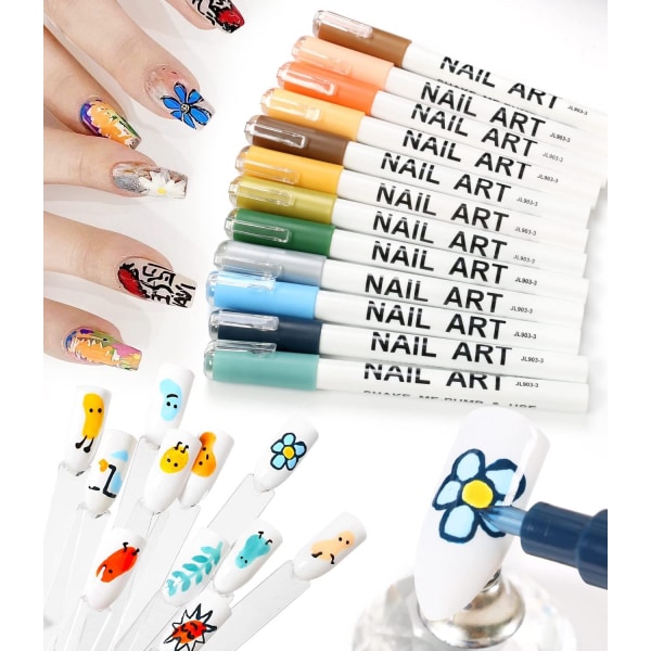 Nail Art 3D kynä lakka piirustus kynsien piste Graffiti pistekynä kukka kynä koukku Line DIY Nail Art Kauneus manikyyri työkalut (12 väriä-