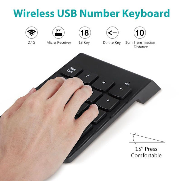 Numeriskt tangentbord, trådlös USB-siffra, 2,4 GHz, 18 tangenter, Mini