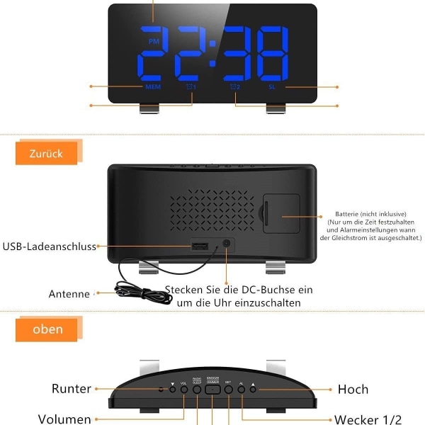 Radioväckarklocka digital väckarklocka LED-display 4 ljusstyrkenivåer justerbar