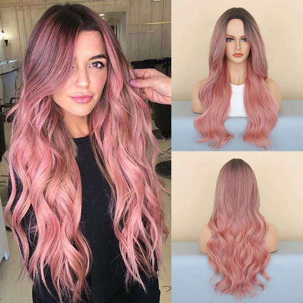 Women's wig with long curly hair in medium gradient pink