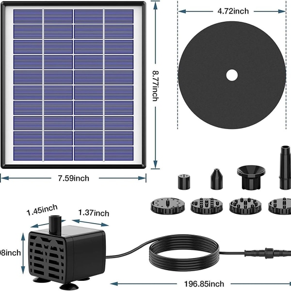 6,5W solcelledrevet fontenepumpe, innebygd 1500mAh batteri, solcelledrevet