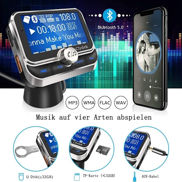 FM-sender for bil, Bluetooth 4.1 trådløs biladapter med QC3.0 & 5V /